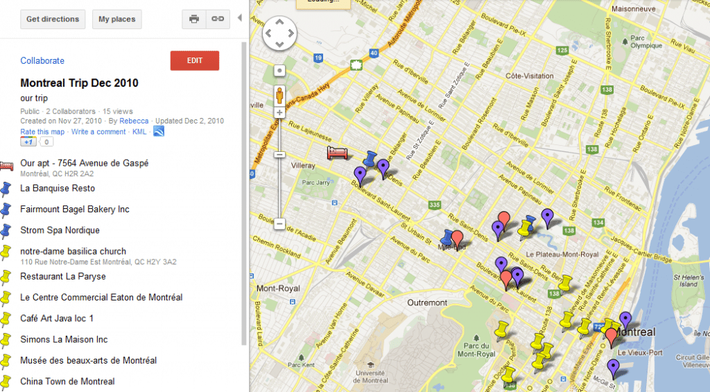 Planning a trip with Google Maps