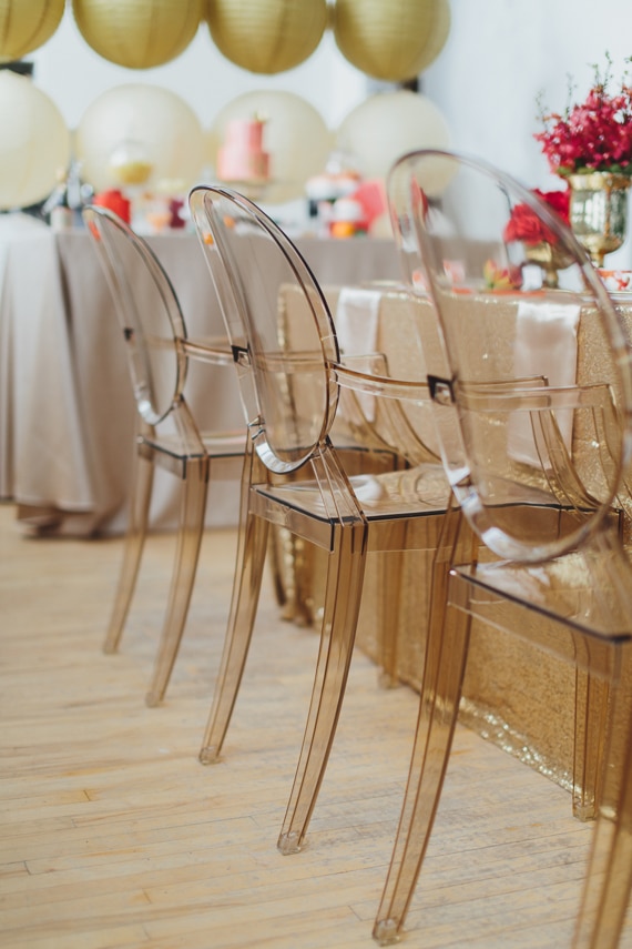 How to style your wedding day with colour - gold ghost chairs