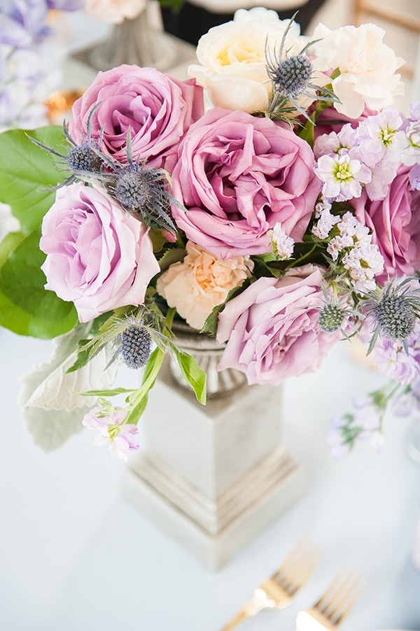 Romantic lavender and peach wedding centrepiece. See more at Rebecca Chan Weddings and Events http://www.rebeccachan.ca