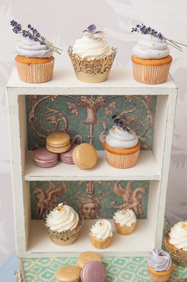 Lavender and gold cupcakes and macaron sweets table. See more at Rebecca Chan Weddings and Events