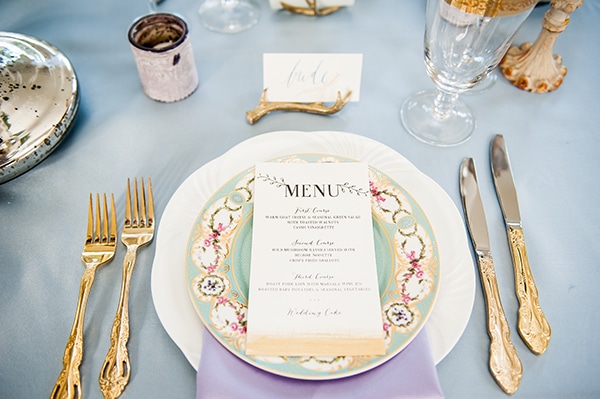 Custom menu atop vintage plate accented with gold cutlery. See more at Rebecca Chan Weddings and Events http://www.rebeccachan.ca
