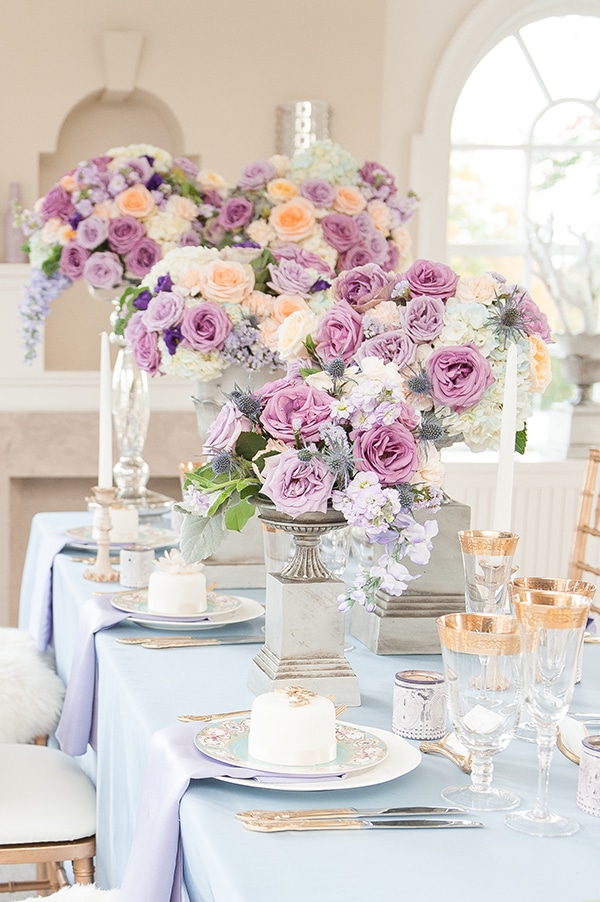 Lush lavender, heritage blue and gold accents. See more at Rebecca Chan Weddings and Events http://www.rebeccachan.ca