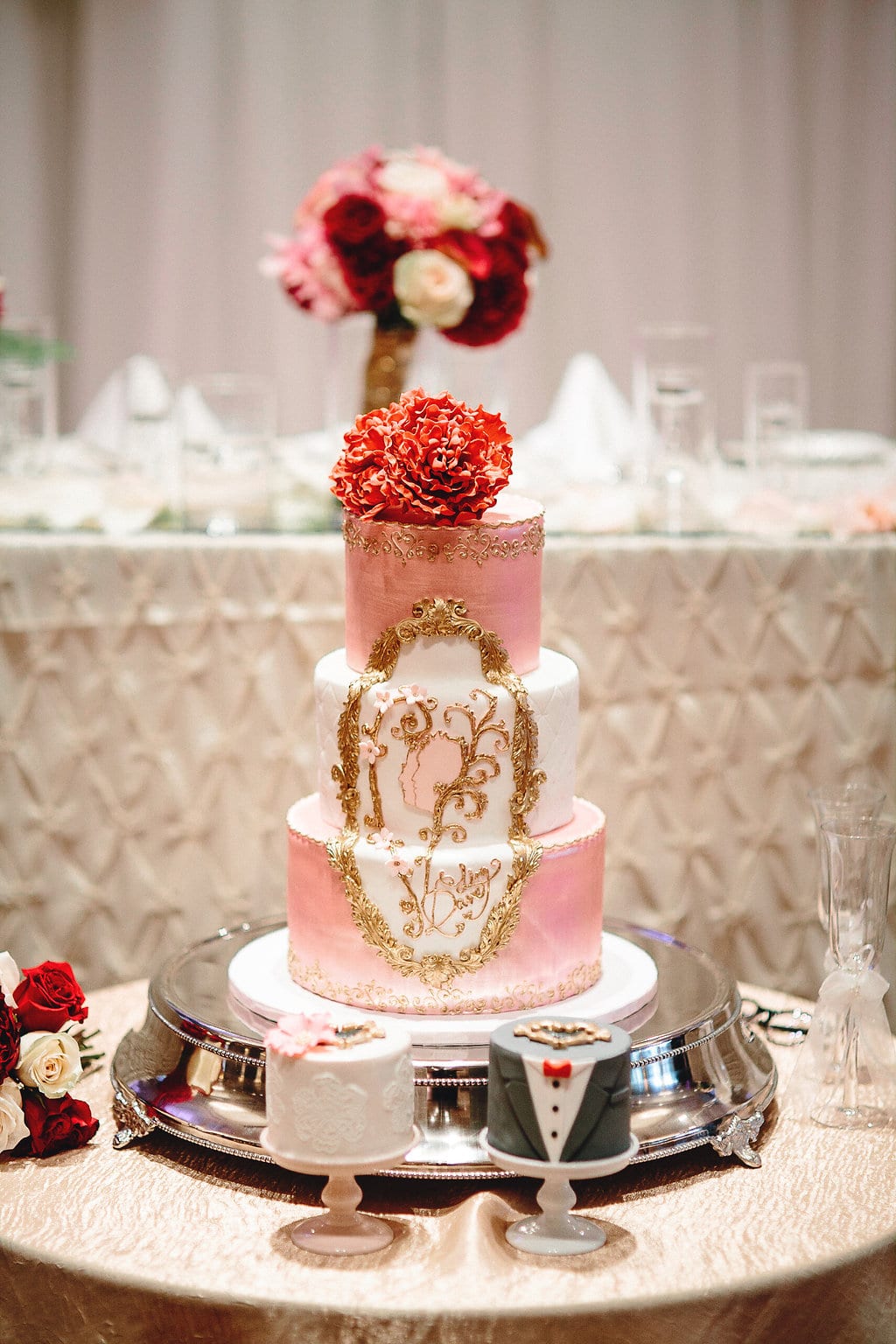 Custom-designed pink and gold wedding cake. To see more, visit Rebecca Chan Weddings and Events http://www.rebeccachan.ca