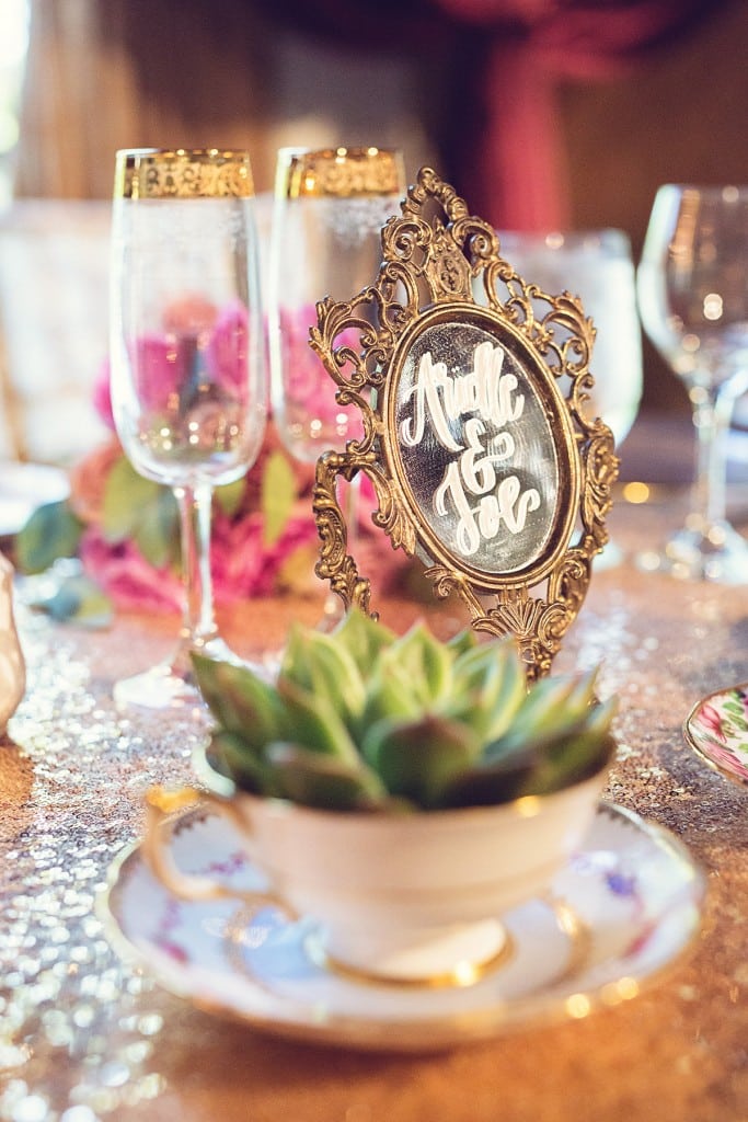 Elegant vintage-inspired purple and gold wedding with succulents, tea cups and floral