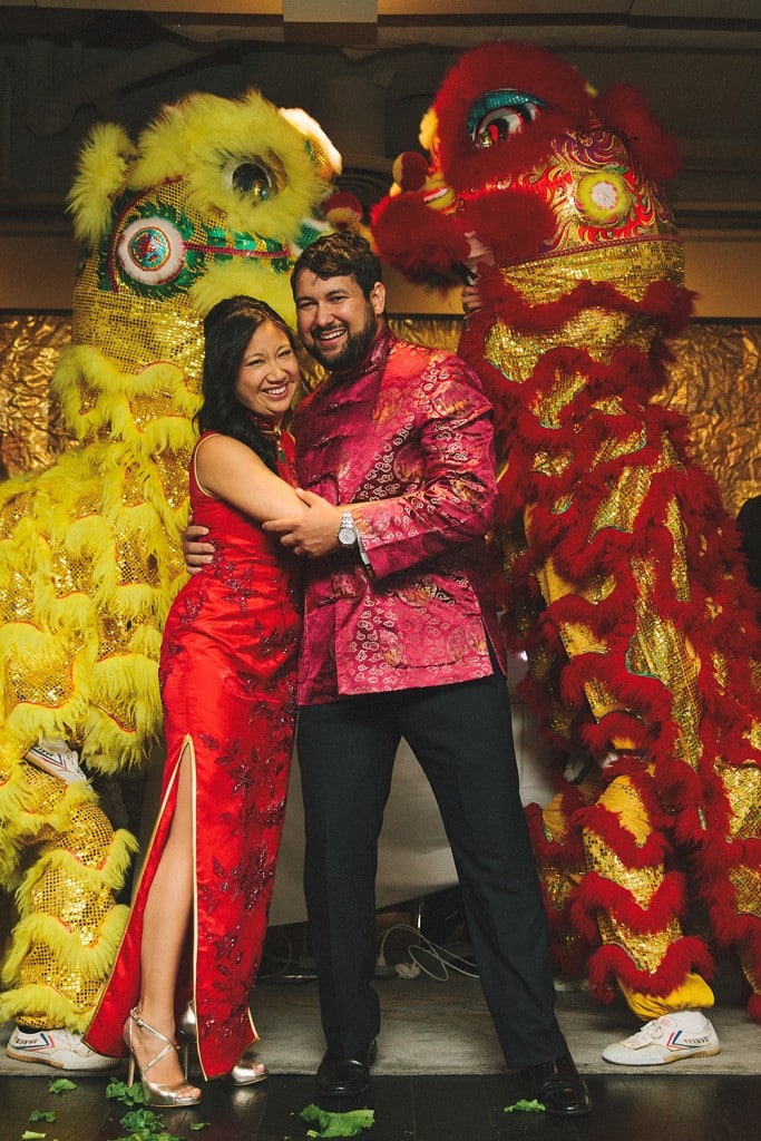 Bride and groom with lion dancers - Modern wedding at Canoe Restaurant