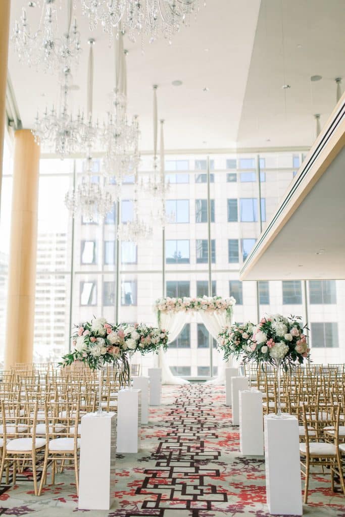 Blush and gold Shangri-La Hotel Museum Room Toronto Wedding ceremony with roses and peonies