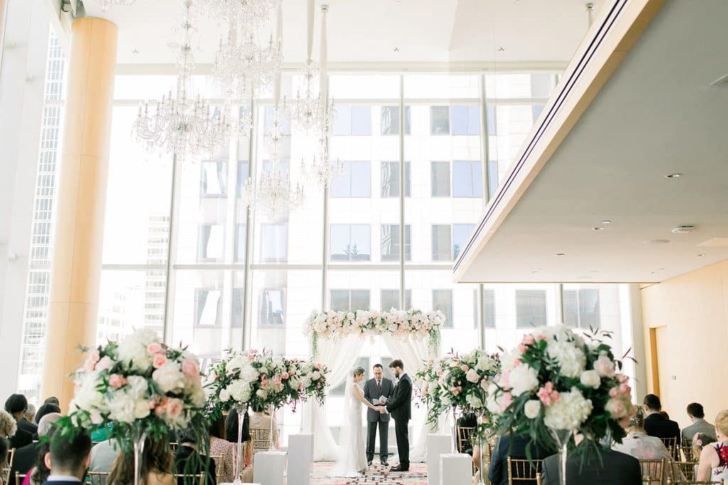 Blush and gold Shangri-La Hotel Toronto Wedding ceremony with roses and peonies