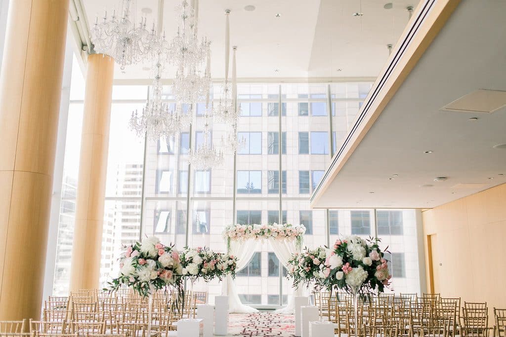 Blush and gold Shangri-La Hotel Toronto Wedding ceremony with roses and peonies