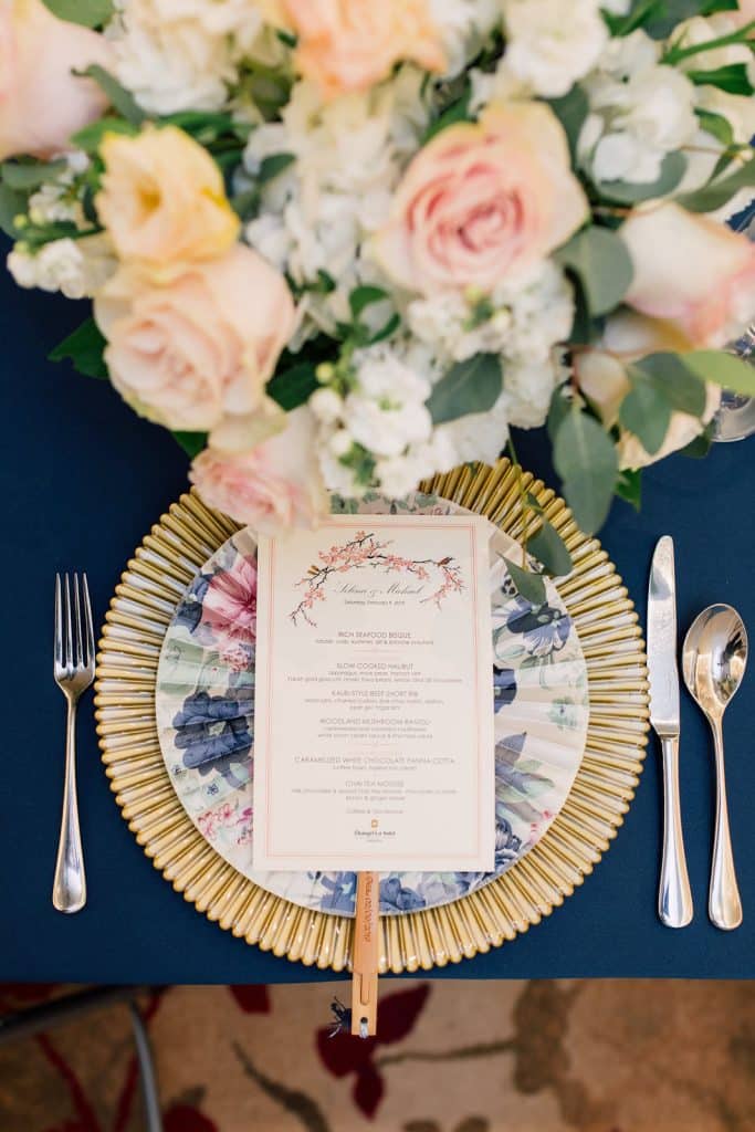 Navy linen and blush flowers at Shangri-La Hotel Toronto