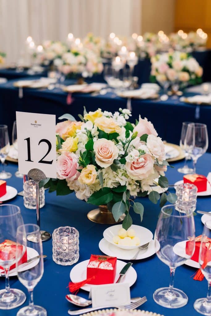 Navy linen and blush flowers at Shangri-La Hotel Toronto