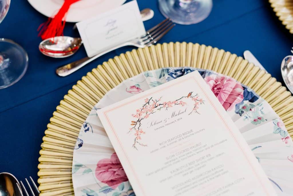 Navy linen and blush flowers at Shangri-La Hotel Toronto