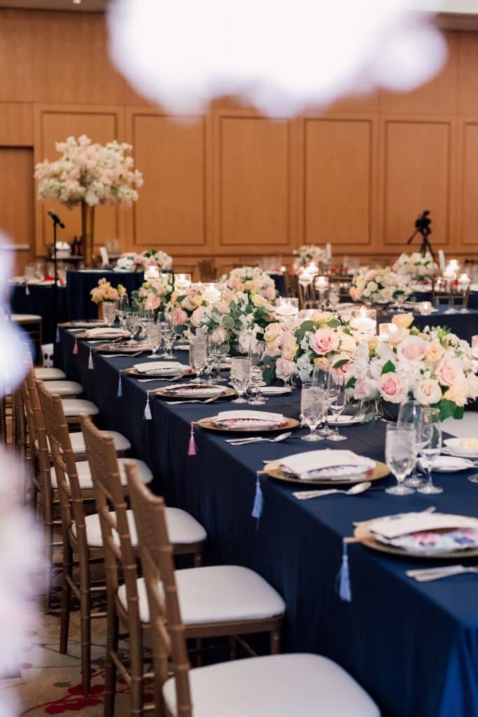 Navy linen and blush flowers at Shangri-La Hotel Toronto