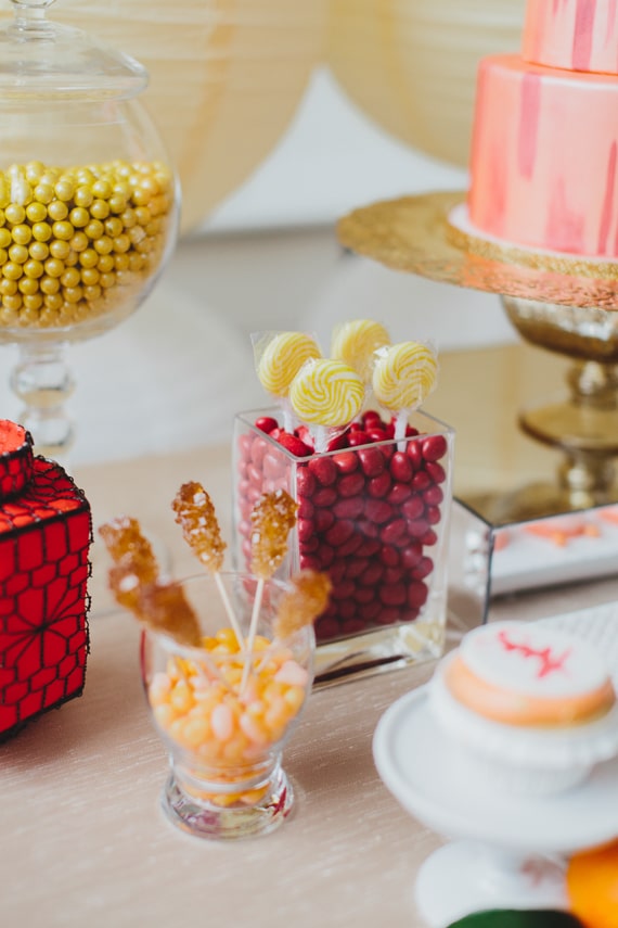 Red and gold candy for sweets table. See more at Rebecca Chan Weddings and Events https://www.rebeccachan.ca