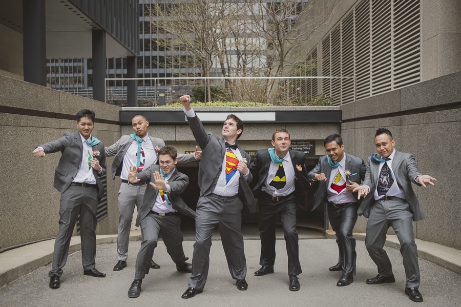 Groom and groomsmen take a superhero pose. See more at Rebecca Chan Weddings and Events https://www.rebeccachan.ca