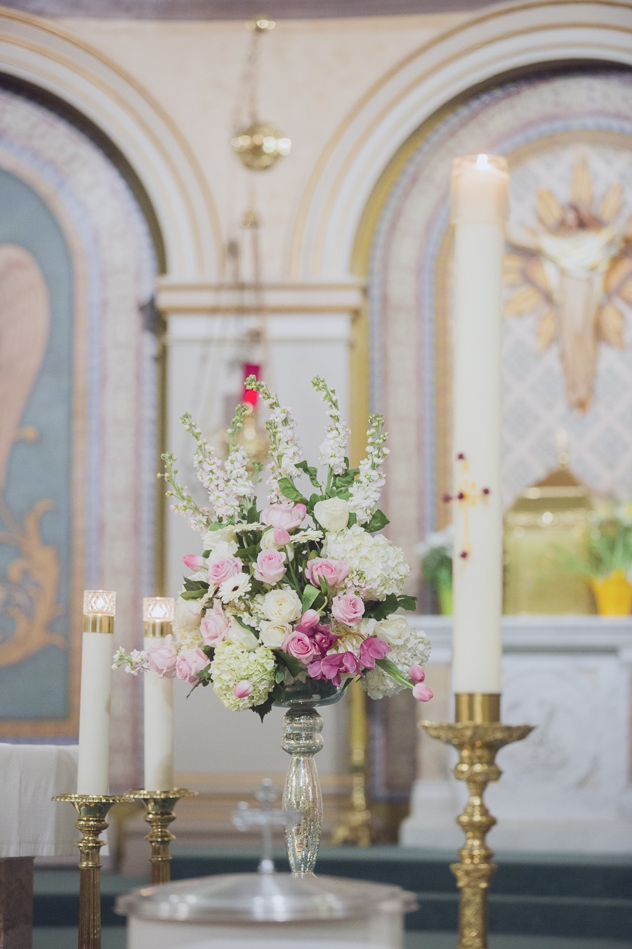 Romantic pink and white floral arrangement at the wedding ceremony. See more at Rebecca Chan Weddings and Events https://www.rebeccachan.ca
