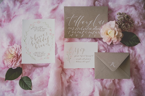 Coral and Gold Wedding Inspiration - Invitation with calligraphy and cotton candy. See more at Rebecca Chan Weddings and Events www.rebeccachan.ca