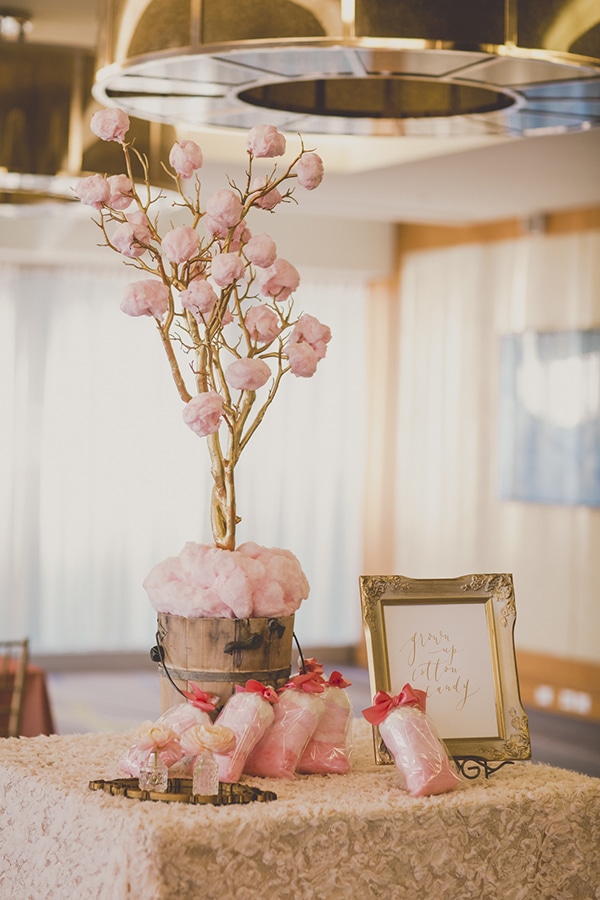 Pink cotton candy tree and bags of ombre cotton candy bags. Coral and Gold Wedding Inspiration - See more at Rebecca Chan Weddings and Events www.rebeccachan.ca