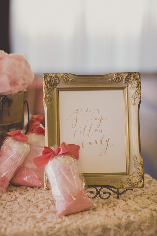 Ombre cotton candy bags and grown up cotton candy sign. Coral and Gold Wedding Inspiration - See more at Rebecca Chan Weddings and Events www.rebeccachan.ca