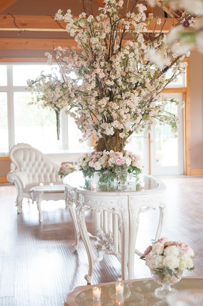 Blush Pink Ontario Winery wedding - Victorian lounge area with cherry blossom feature