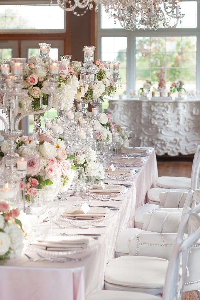 Blush Pink Ontario Winery wedding - romantic reception table with chandeliers