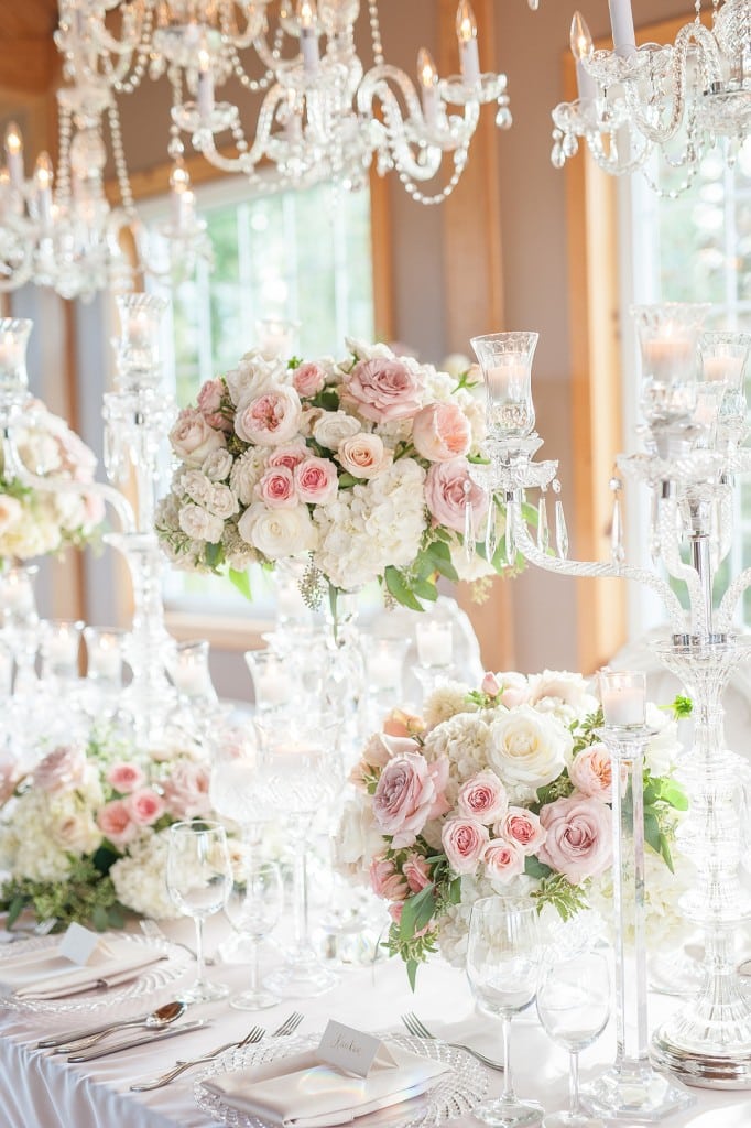 Blush Pink Ontario Winery wedding - romantic reception table with chandeliers