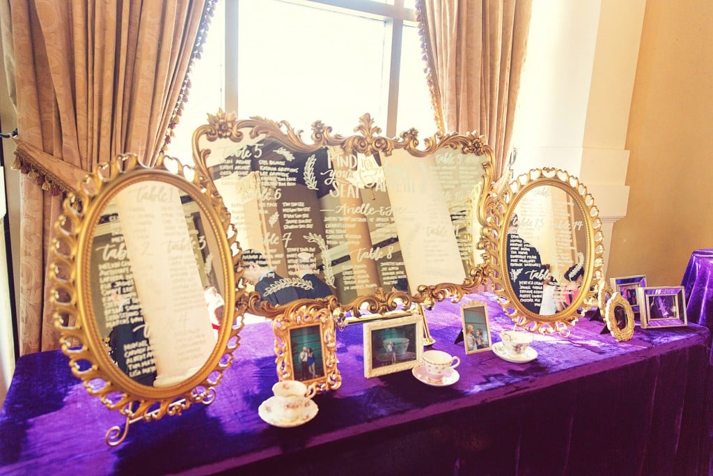 Elegant vintage-inspired purple and gold wedding - seating chart