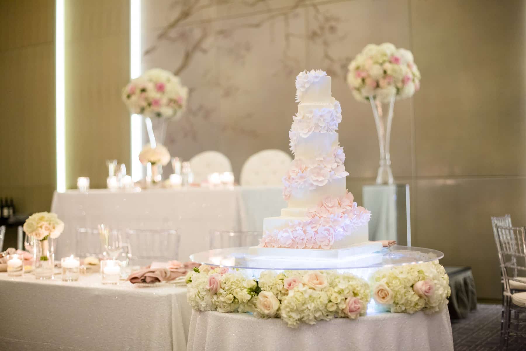 Floating wedding cake - Modern White and Blush Wedding at Four Seasons Hotel Toronto