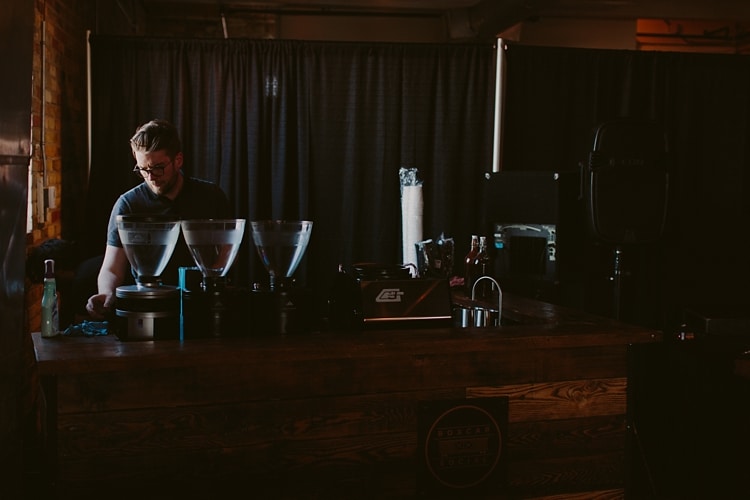 Espresso station - Intimate Burroughes Building wedding with string lights and lavender