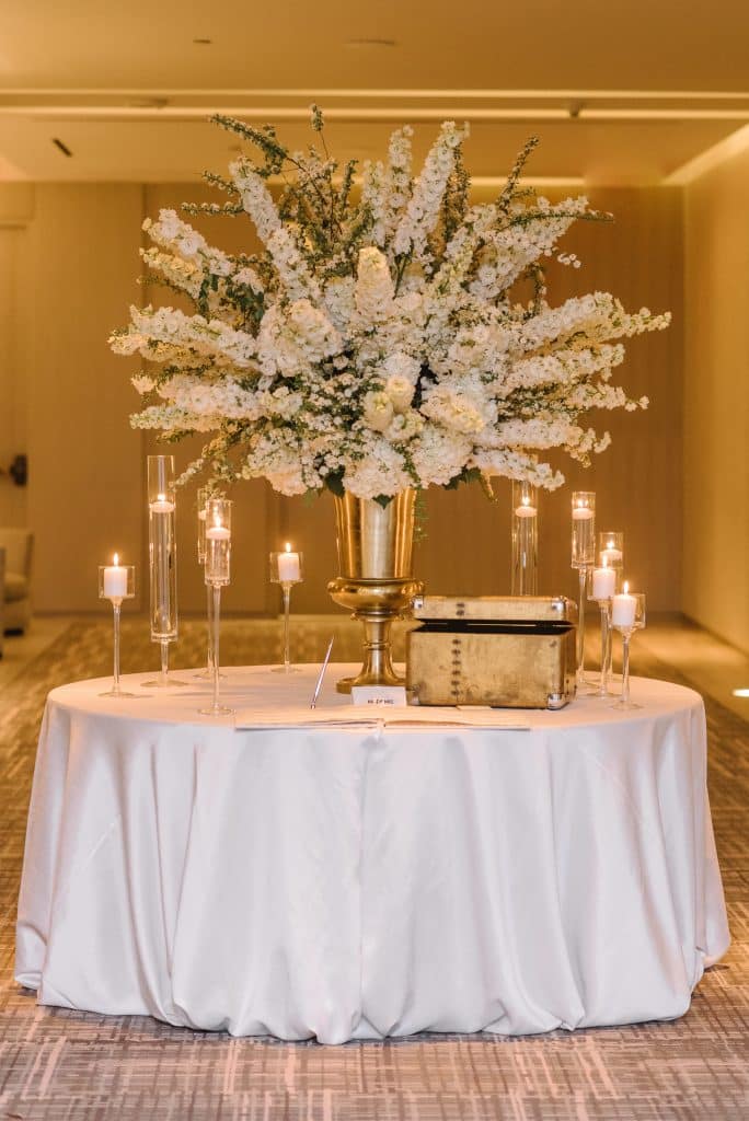 Receiving table - Modern luxurious all white wedding at Four Seasons Hotel Toronto, Vinci room. Planned by Rebecca Chan Weddings & Events. www.rebeccachan.ca