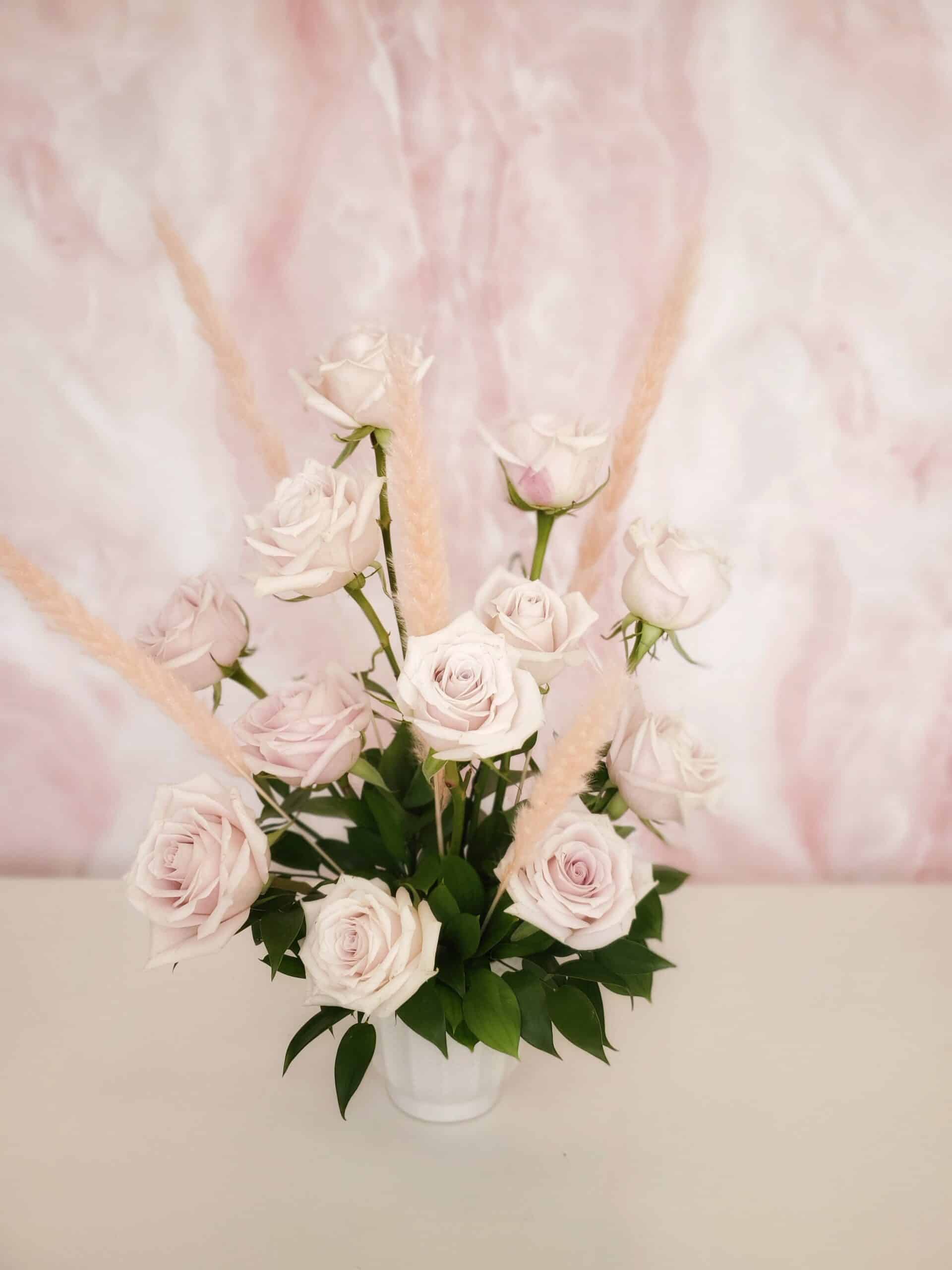 vday-Dozen Roses in Vase Blush