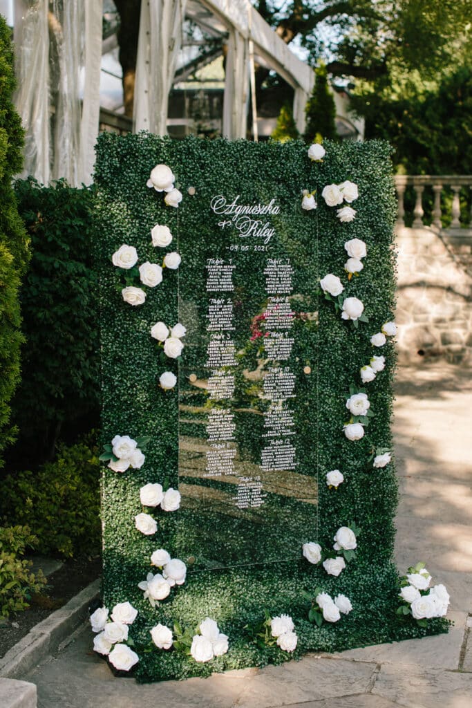 Rose wall and plexi seating chart - Classic and timeless Graydon Hall Manor Garden wedding. Planning by Rebecca Chan Weddings and Events.