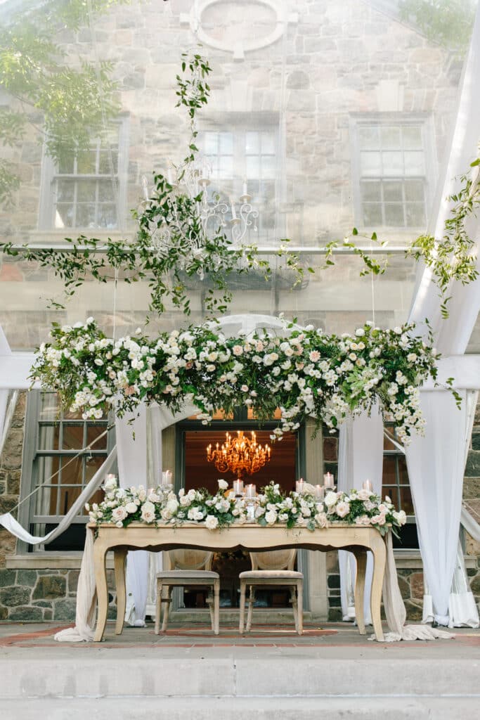 Outdoor terrace wedding reception head table - Classic and timeless Graydon Hall Manor Garden wedding. Planning by Rebecca Chan Weddings and Events.