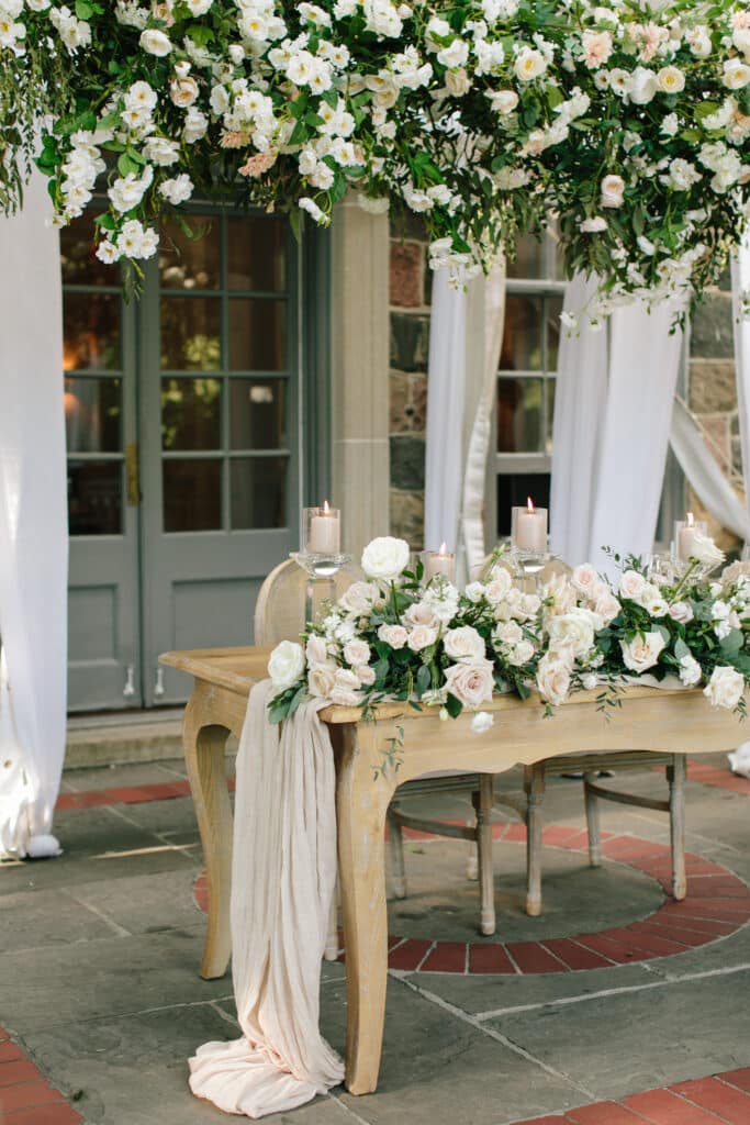 Outdoor terrace wedding reception head table - Classic and timeless Graydon Hall Manor Garden wedding. Planning by Rebecca Chan Weddings and Events.