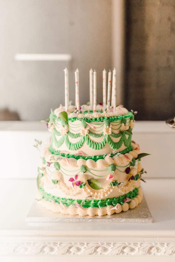 Retro inspired birthday cake at Rupi Kaur's 30th birthday party; Planned by Toronto event planner, Rebecca Chan Events 