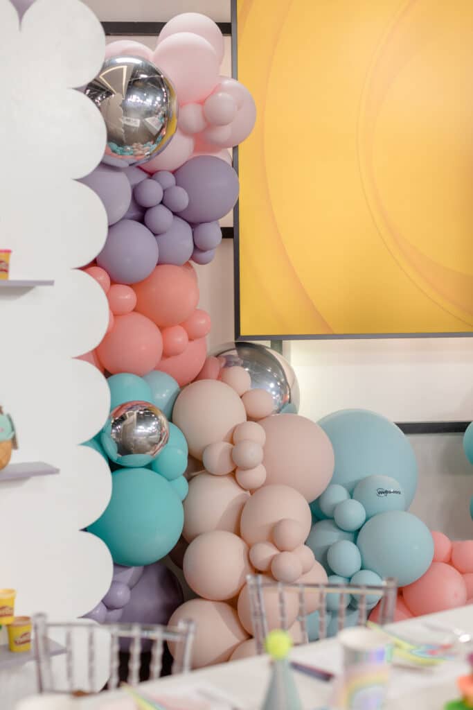 Pastel turquoise, lavender and coral balloons - Epic kids party ideas, as seen on Cityline  with Rebecca Chan Weddings and Events. www.rebeccachan.ca