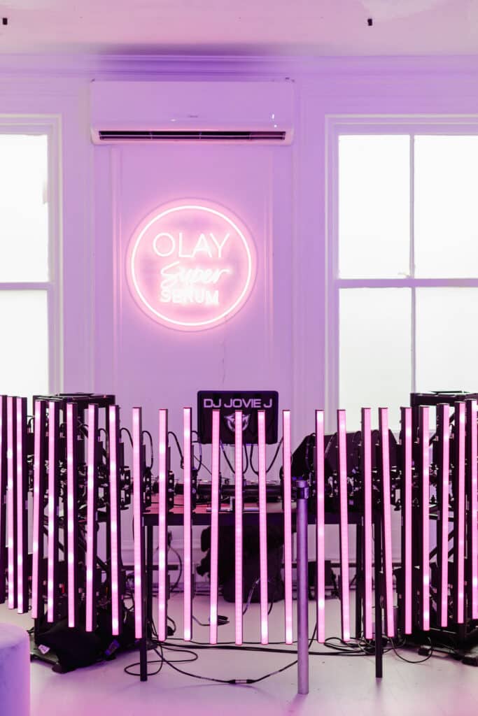 Brand activation - Olay Super Serum media launch party LED DJ booth and neon sign