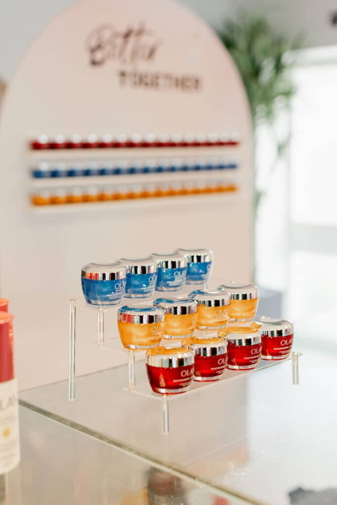 Toronto Event designer - Olay Super Serum media launch party gift bar and moisturizer wall